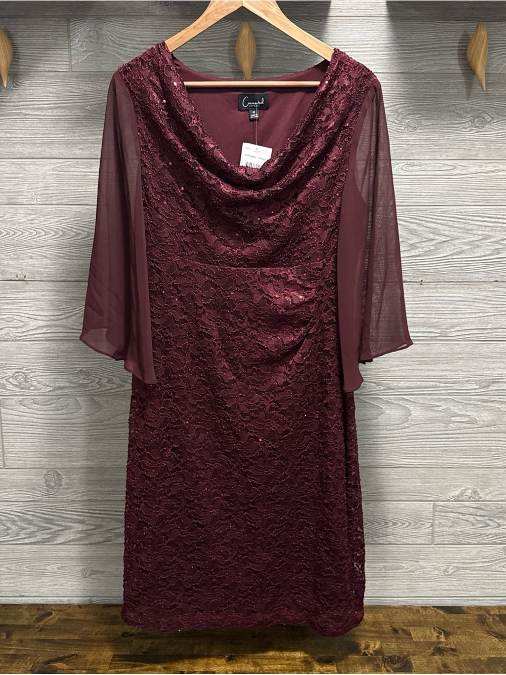 connected apparel Burgundy Lace Midi Dress with Sheer Elbow Sleeves